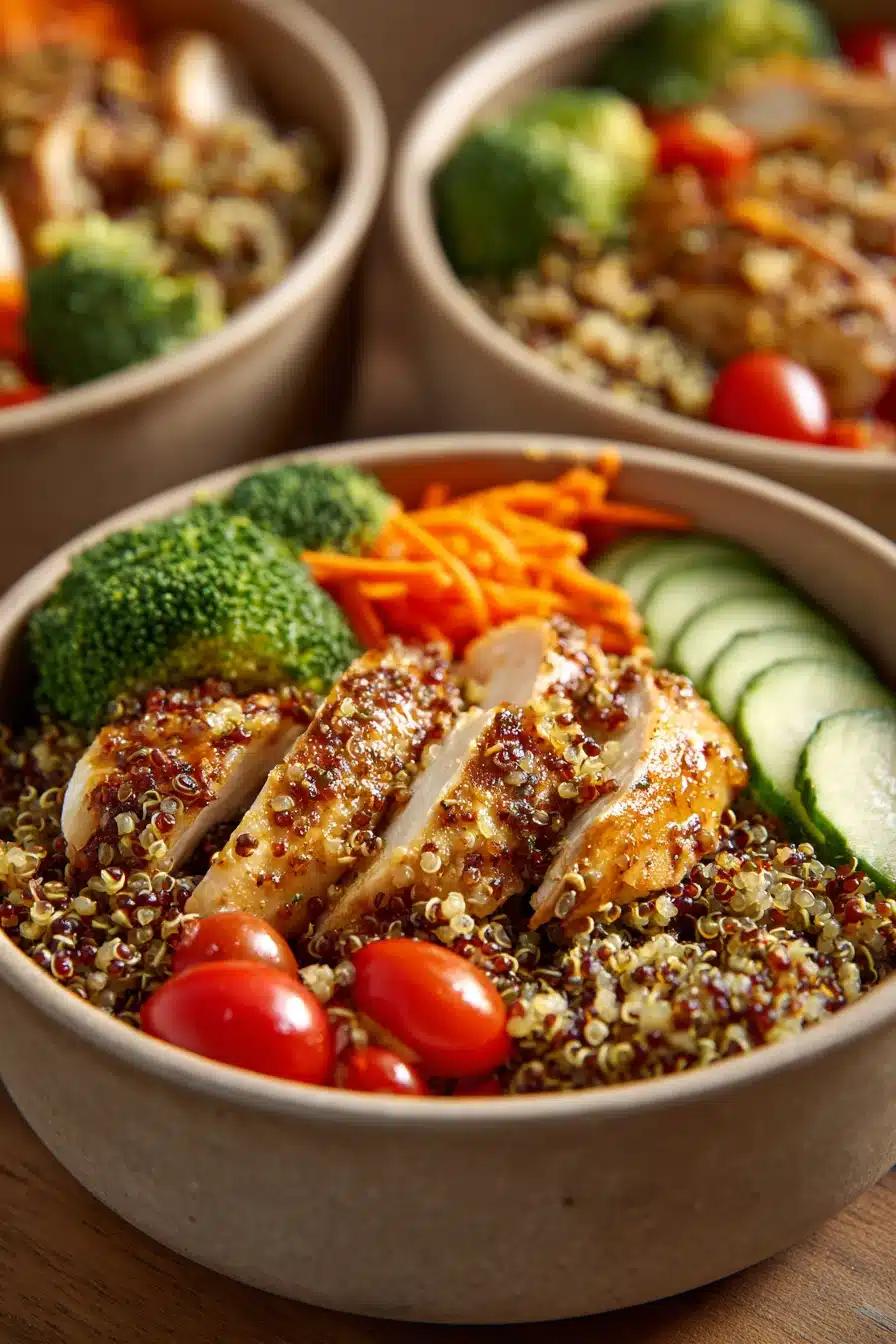 Close-up of a healthy lunch meal prep with vegetables and grains in a bright setting