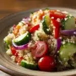Close-up of a healthy quinoa salad meal with fresh vegetables and herbs