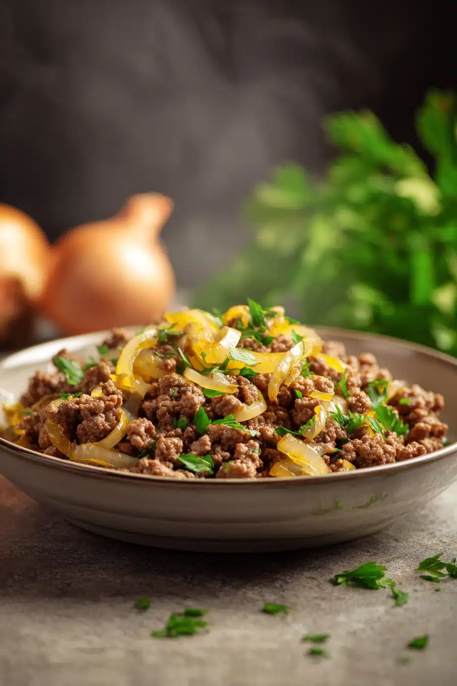 Close-up of a hearty ground beef dish cooked on the stove top with a minimal background