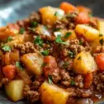 Close-up of a hearty slow cooker hamburger ground beef dinner with rich textures and warm lighting.