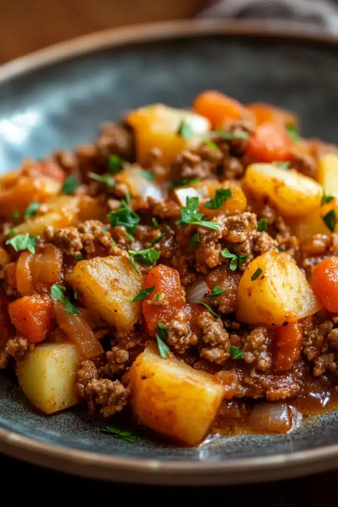 Close-up of a hearty slow cooker hamburger ground beef dinner with rich textures and warm lighting.