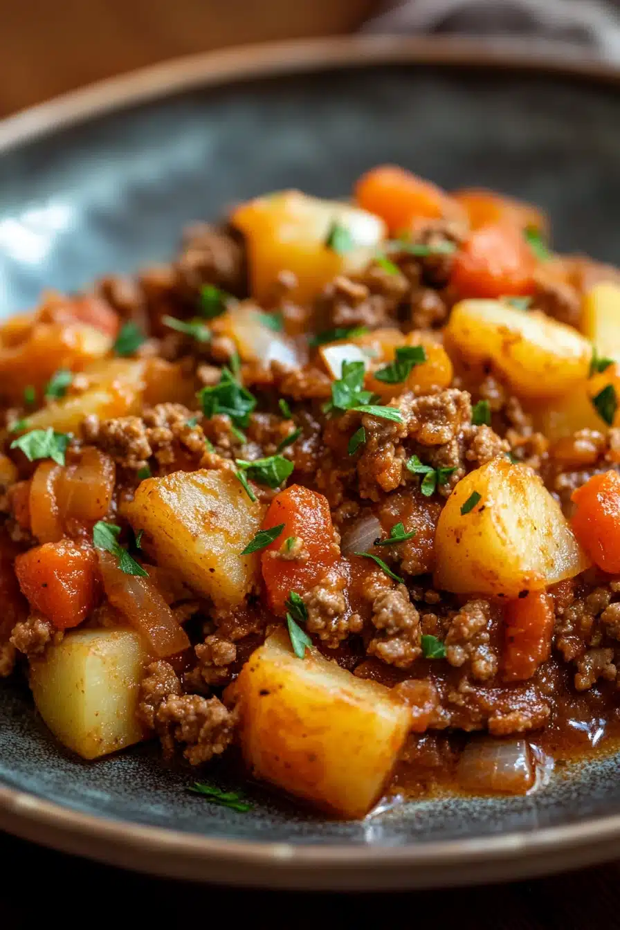 Close-up of a hearty slow cooker hamburger ground beef dinner with rich textures and warm lighting.