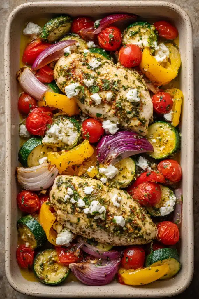 Herby feta lemon chicken and veggie sheet pan dinner with bright vegetables and herbs