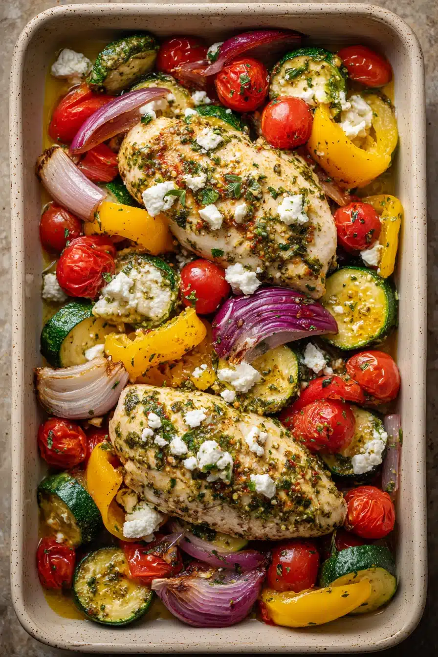 Herby feta lemon chicken and veggie sheet pan dinner with bright vegetables and herbs