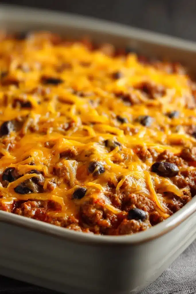 Close-up of a high protein beef enchilada bake with melted cheese and garnished with herbs