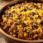 Close-up of a high protein beef enchilada skillet with melted cheese and vibrant toppings