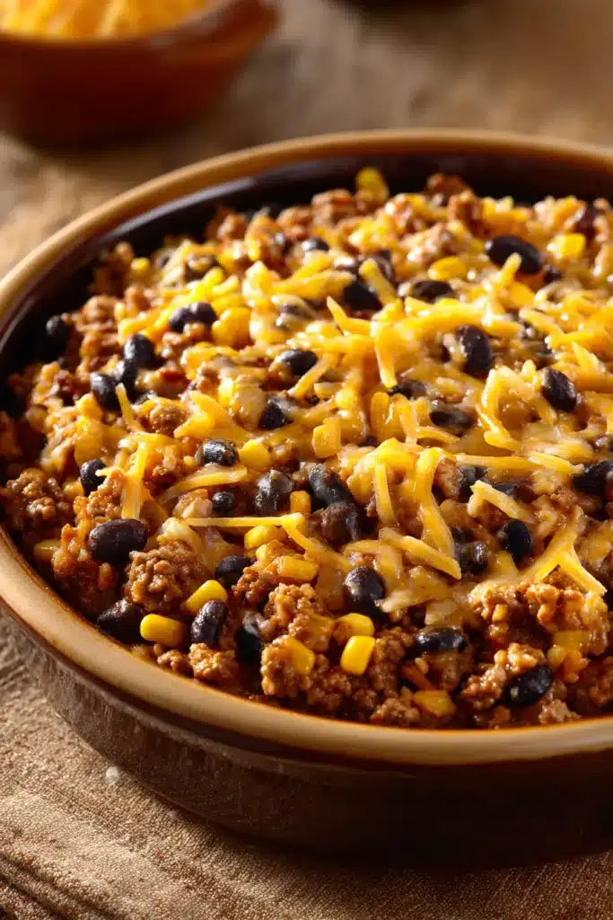 Close-up of a high protein beef enchilada skillet with melted cheese and vibrant toppings