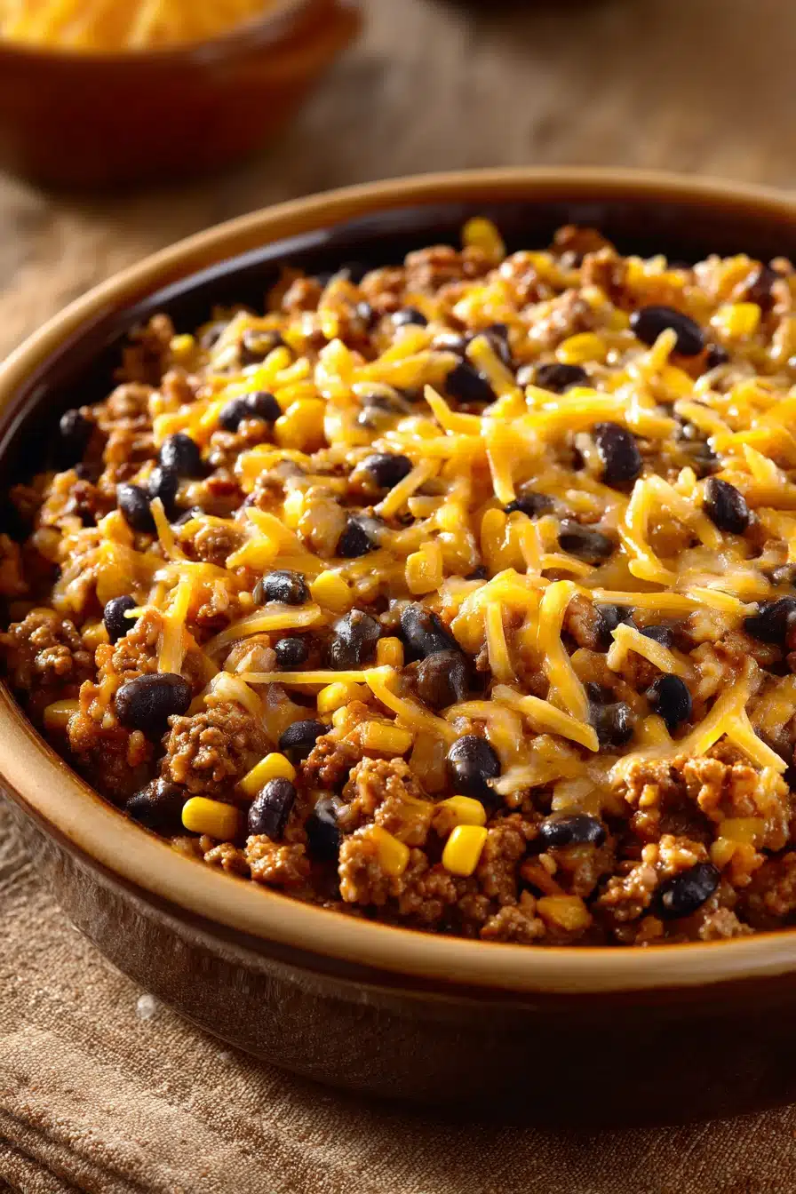 Close-up of a high protein beef enchilada skillet with melted cheese and vibrant toppings