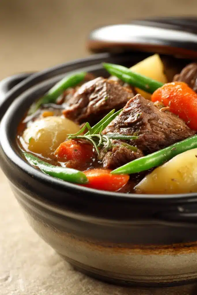 Close-up of a hearty beef dish cooked in a slow cooker with rich textures and warm lighting.