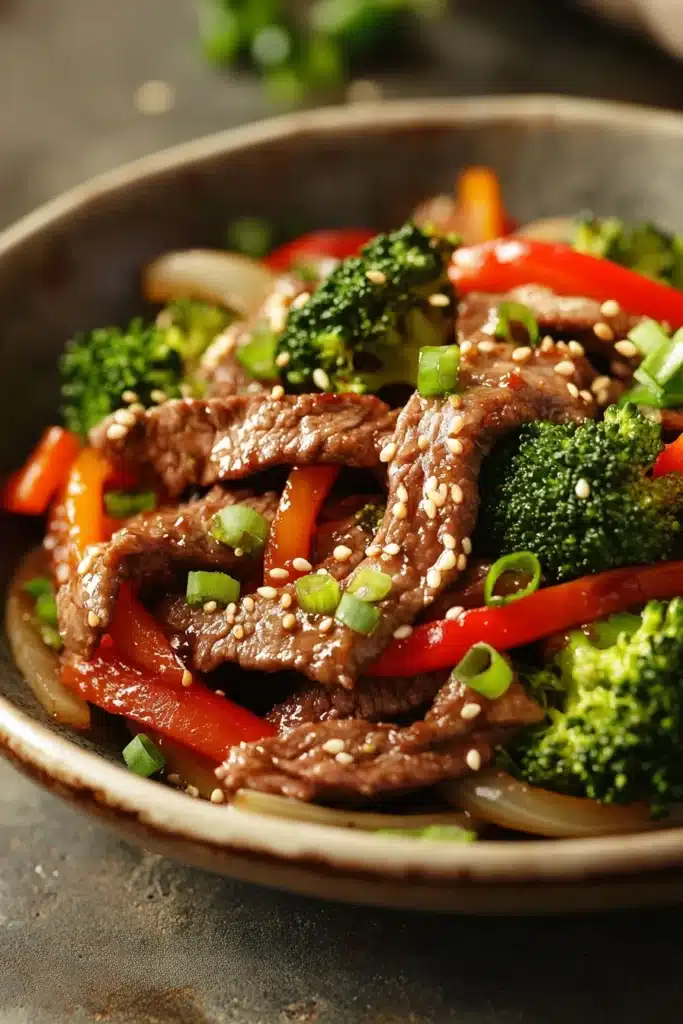 Close-up of a vibrant beef stir fry with colorful vegetables, showcasing a high protein meal.