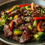 Close-up of a vibrant high protein beef stir fry with colorful vegetables in a clean setting.