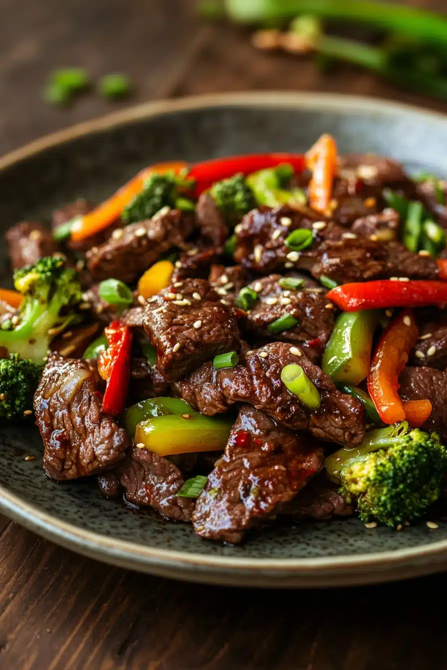Close-up of a vibrant high protein beef stir fry with colorful vegetables in a clean setting.