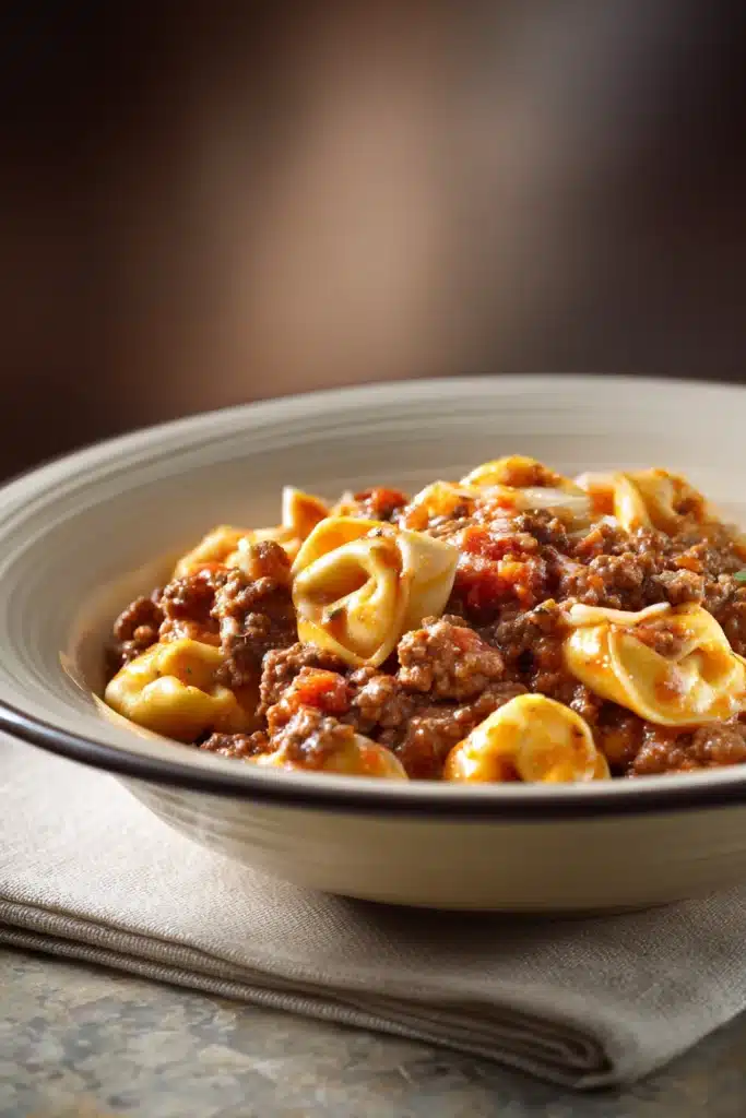Close-up of high protein beef tortellini with rich sauce and herbs