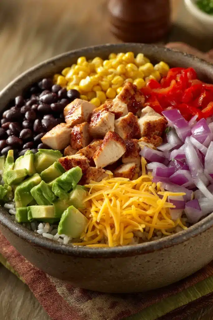 Close-up of a high protein chicken burrito bowl with vibrant ingredients