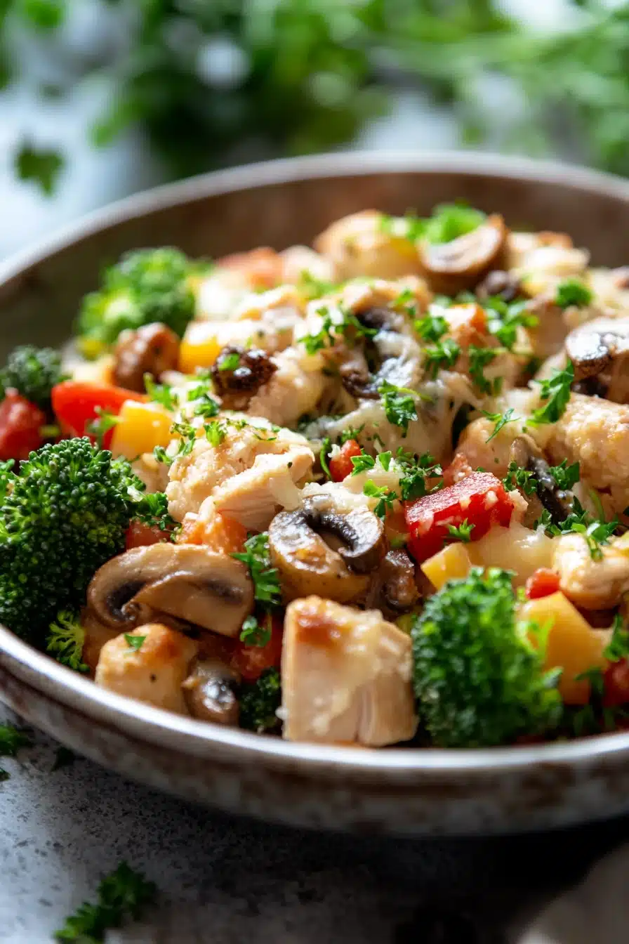 Close-up of a high protein chicken casserole with creamy sauce and herbs on a clean background.