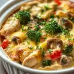 Close-up of a high protein chicken casserole with creamy sauce and herbs in a white dish.