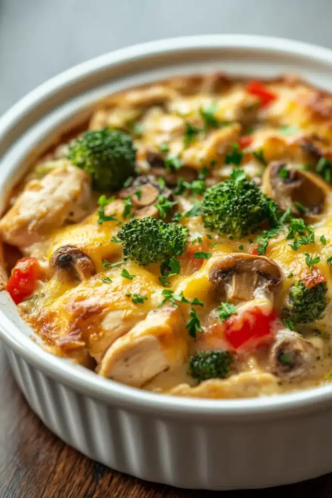 Close-up of a high protein chicken casserole with creamy sauce and herbs in a white dish.