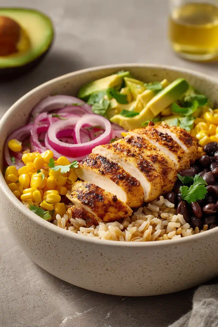 Close-up of a high protein chicken enchilada bowl with vibrant toppings and creamy sauce