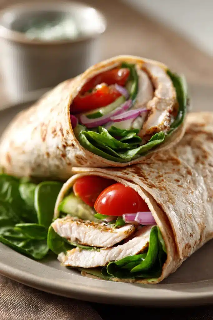 Close-up of a high protein chicken hummus wrap with fresh ingredients