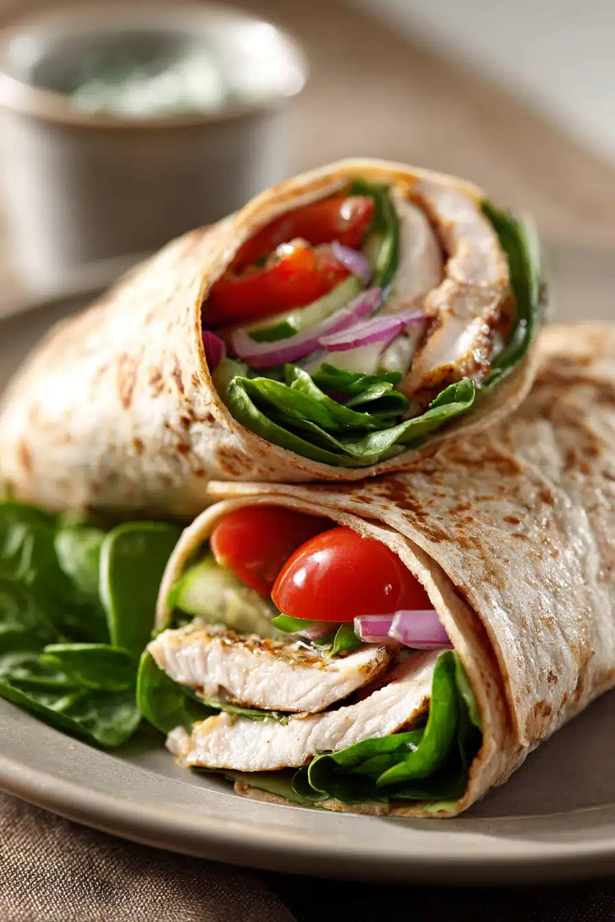 Close-up of a high protein chicken hummus wrap with fresh ingredients