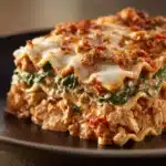 Close-up of a creamy chicken lasagna with layers of pasta and cheese, perfect for a high protein meal.
