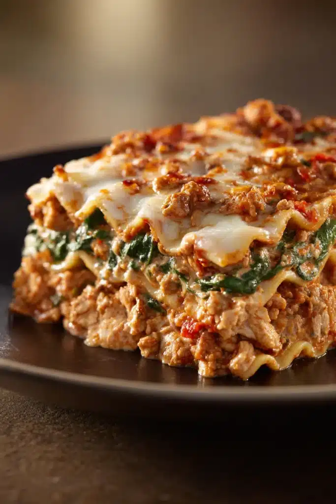 Close-up of a creamy chicken lasagna with layers of pasta and cheese, perfect for a high protein meal.