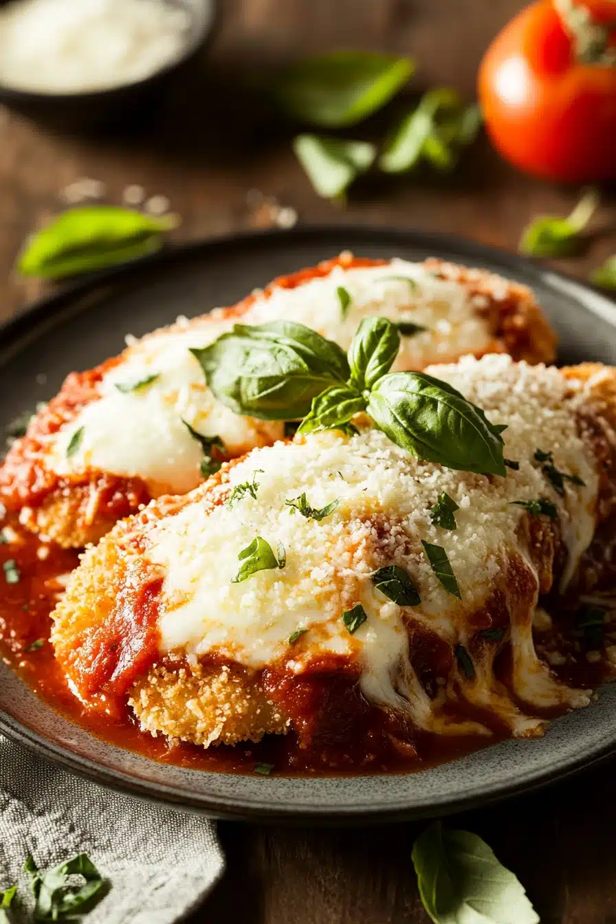 Close-up of high protein chicken parmesan with melted cheese and tomato sauce