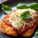 Close-up of high protein chicken parmesan with melted cheese and tomato sauce