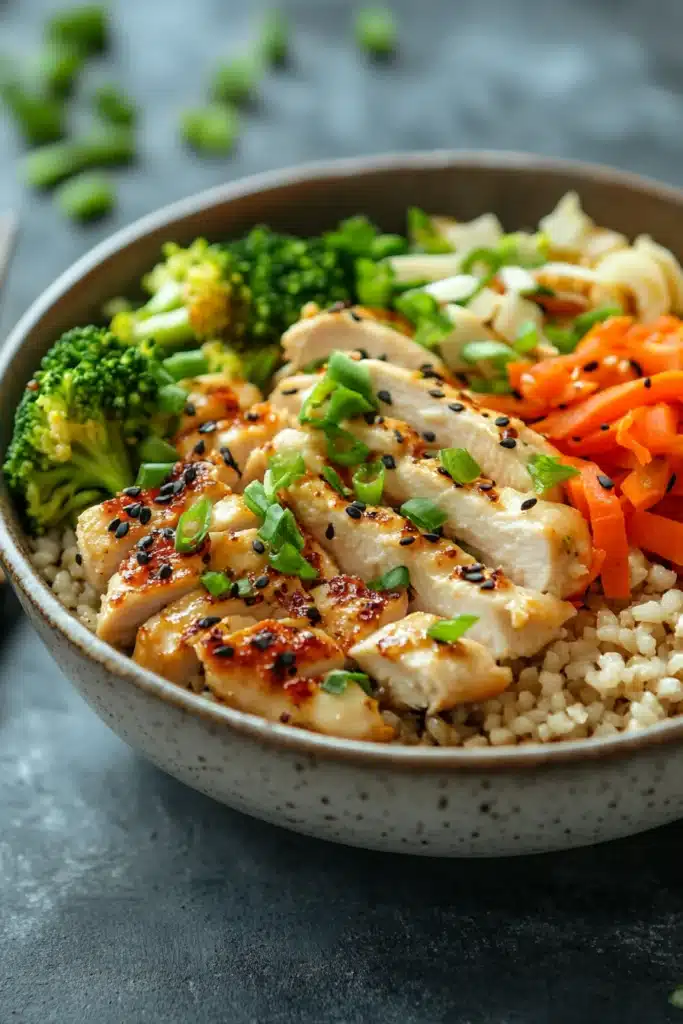 Close-up of a high protein chicken rice bowl with vegetables and herbs