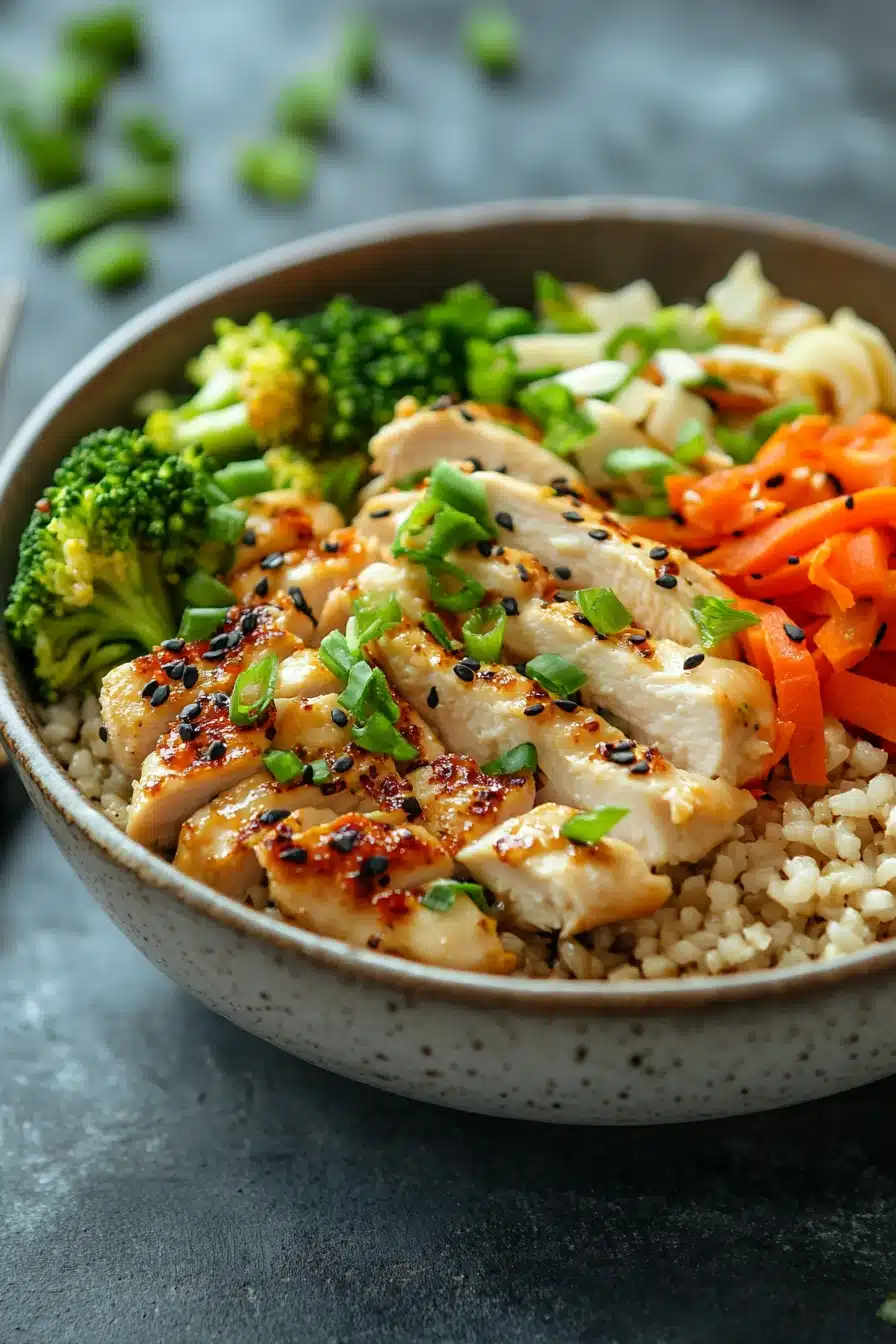 Close-up of a high protein chicken rice bowl with vegetables and herbs