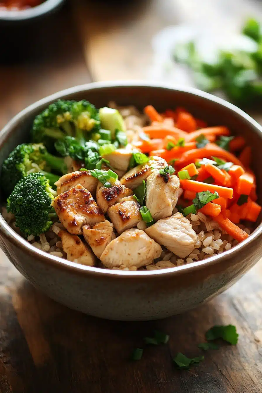 Close-up of a high protein chicken rice bowl with vibrant colors and fresh ingredients.