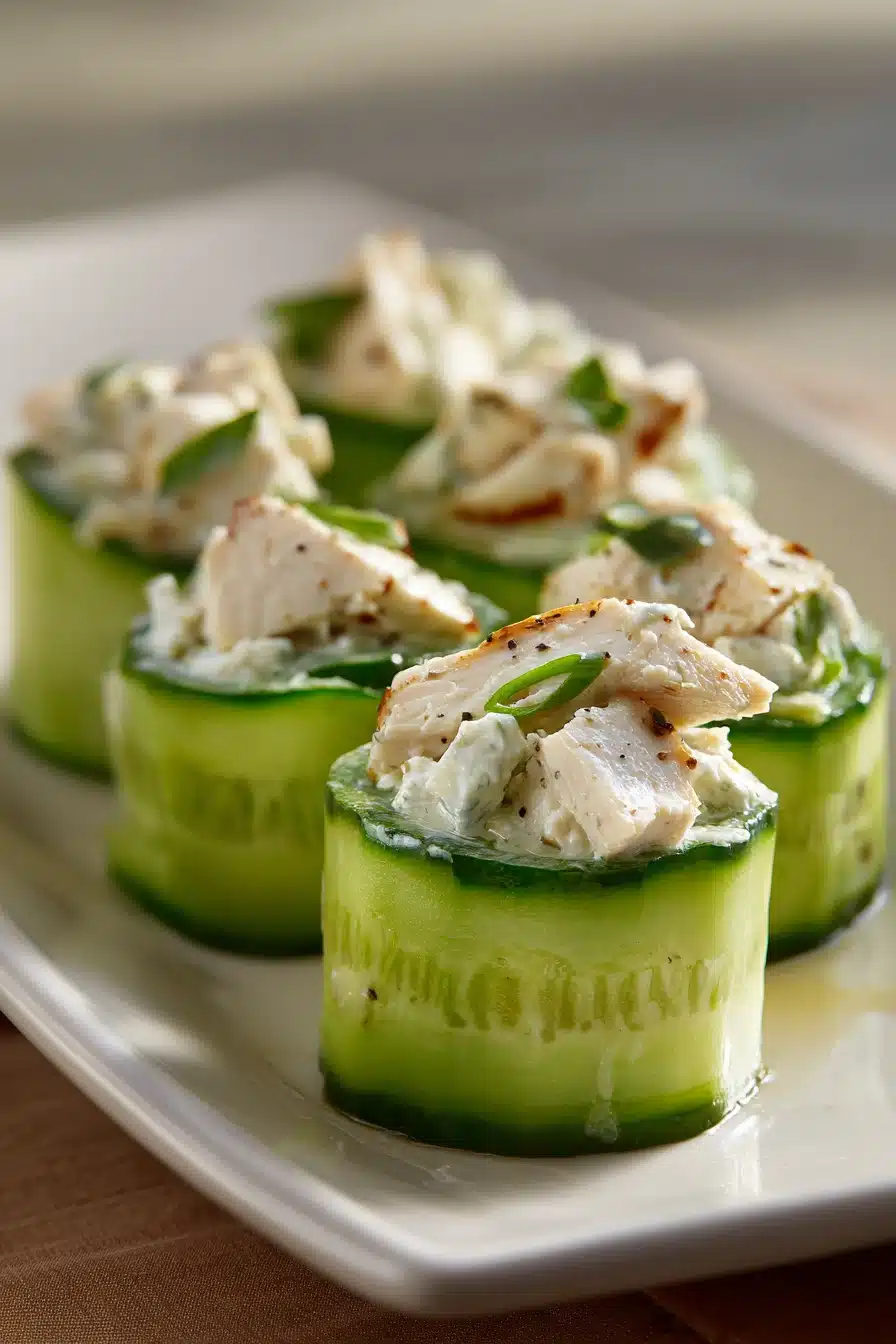 Close-up of high protein chicken salad cucumber roll with fresh ingredients
