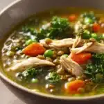 Close-up of high protein chicken soup with vegetables and herbs in a bowl.