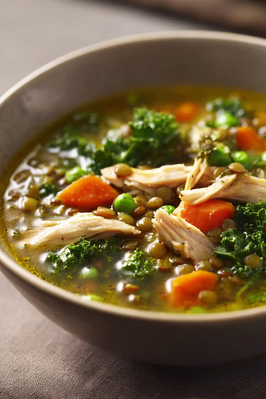 Close-up of high protein chicken soup with vegetables and herbs in a bowl.