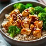 Close-up of a high protein chicken teriyaki bowl with rice and vegetables.