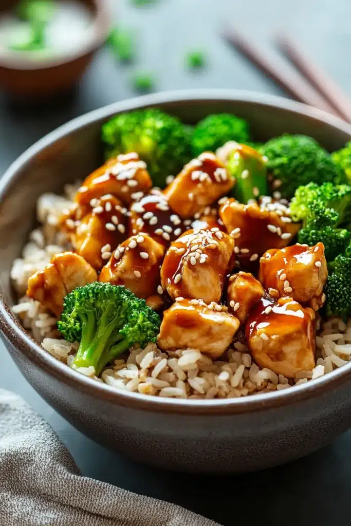 Close-up of a high protein chicken teriyaki bowl with rice and vegetables.