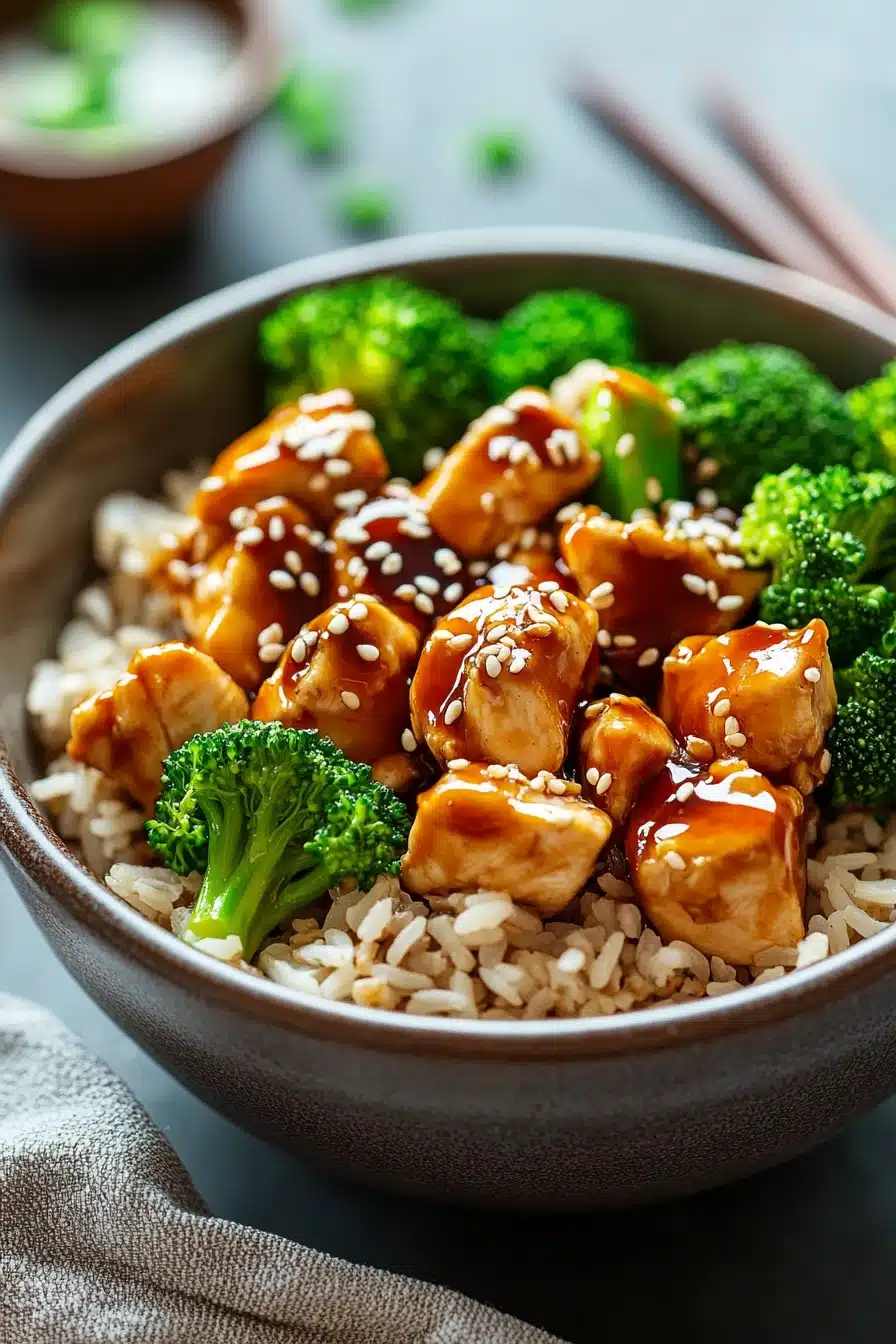Close-up of a high protein chicken teriyaki bowl with rice and vegetables.