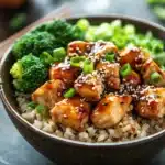 Close-up of a high protein chicken teriyaki bowl with vibrant vegetables and sesame seeds