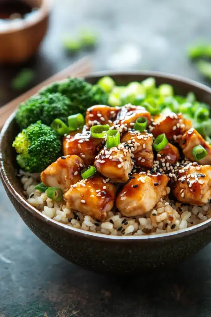 Close-up of a high protein chicken teriyaki bowl with vibrant vegetables and sesame seeds