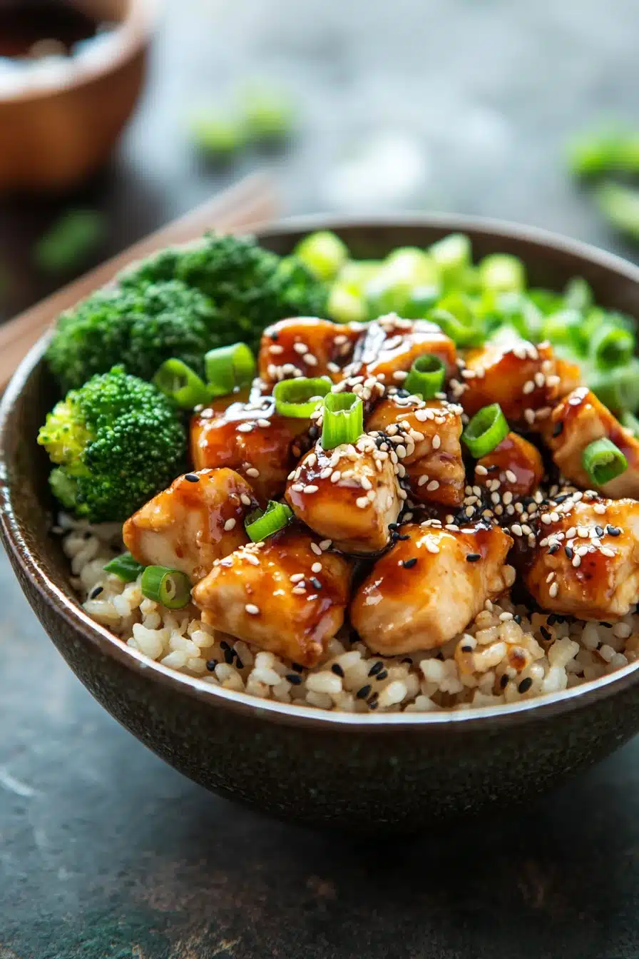 Close-up of a high protein chicken teriyaki bowl with vibrant vegetables and sesame seeds
