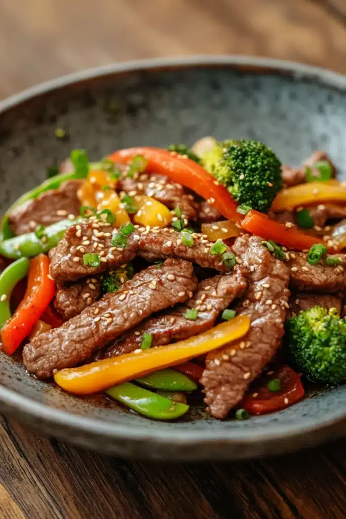 Close-up of a savory beef dish with high contrast and sharp textures, perfect for a high protein dinner.