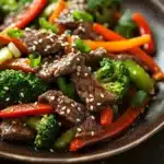 Close-up of a high protein dinner beef dish with bright lighting and clean background