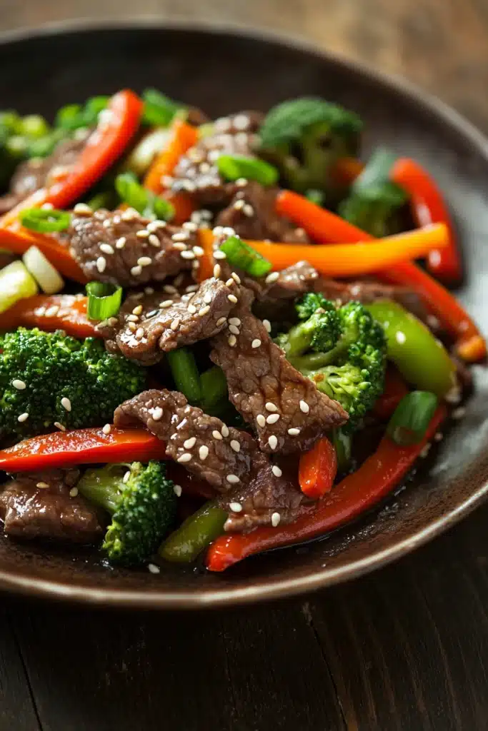 Close-up of a high protein dinner beef dish with bright lighting and clean background