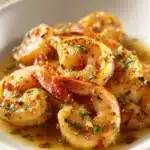 Close-up of high-protein honey garlic shrimp with a glossy glaze and garnished with herbs.