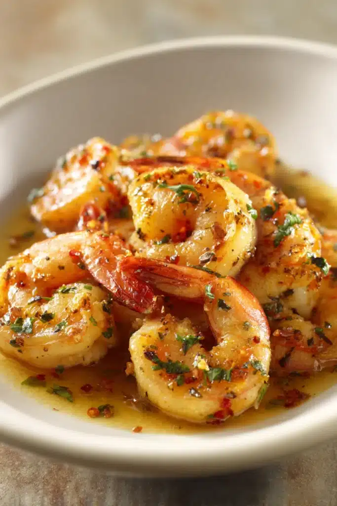 Close-up of high-protein honey garlic shrimp with a glossy glaze and garnished with herbs.