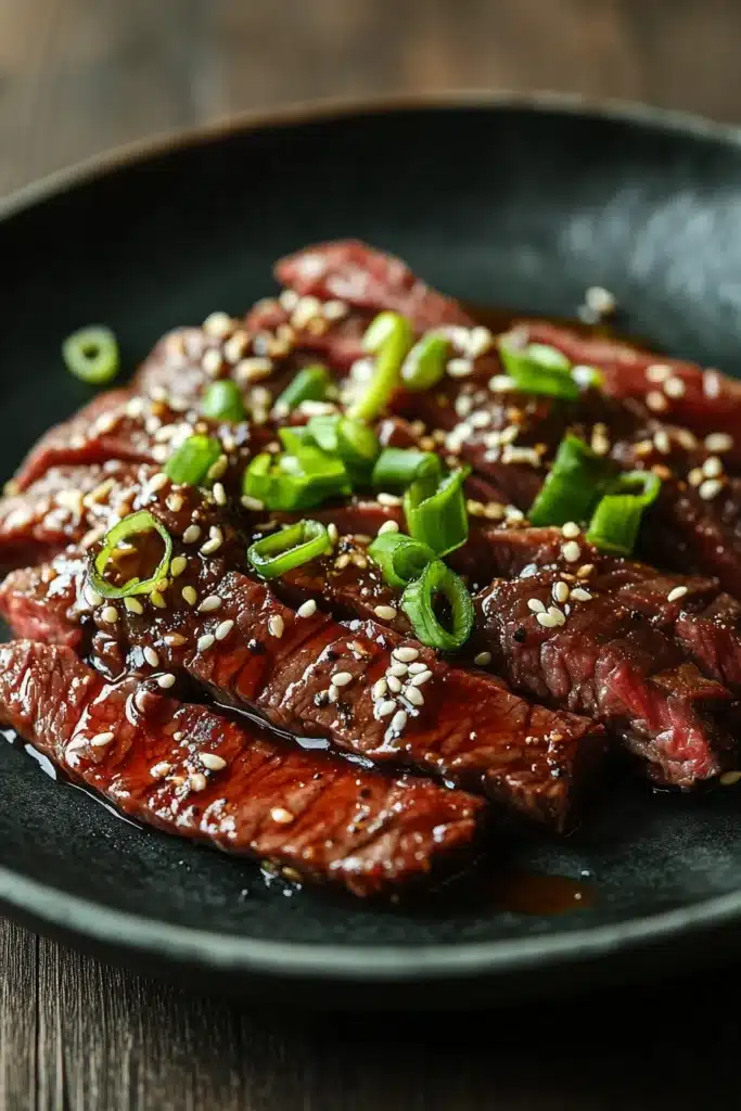 Close-up of high protein Korean BBQ beef with a clean background and bright lighting.