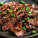 Close-up of high protein Korean BBQ beef with a glossy glaze and sesame seeds.