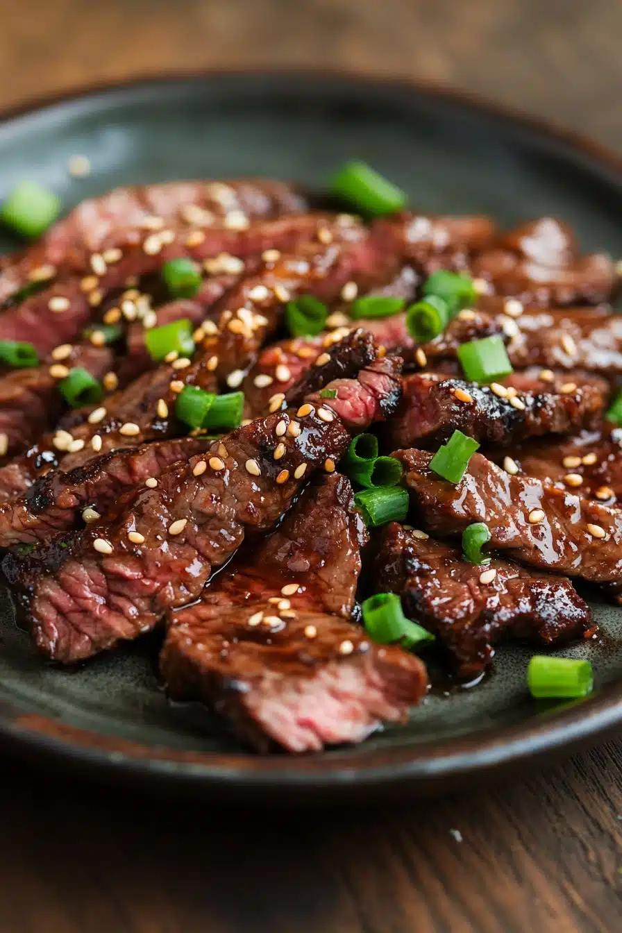 Close-up of high protein Korean BBQ beef with a glossy glaze and sesame seeds.
