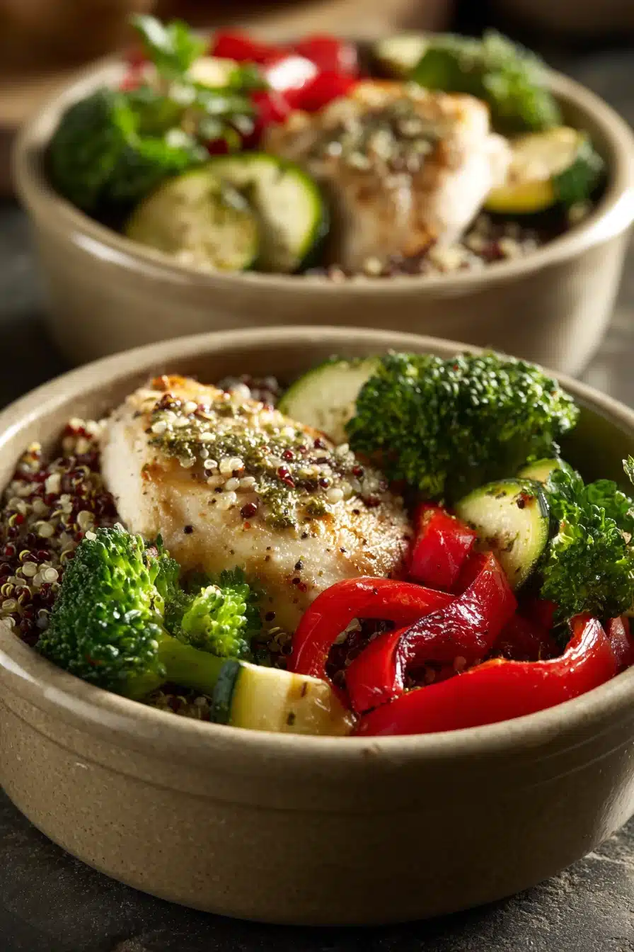Close-up of a vibrant salad with fresh vegetables and herbs, perfect for a high protein lunch prep.