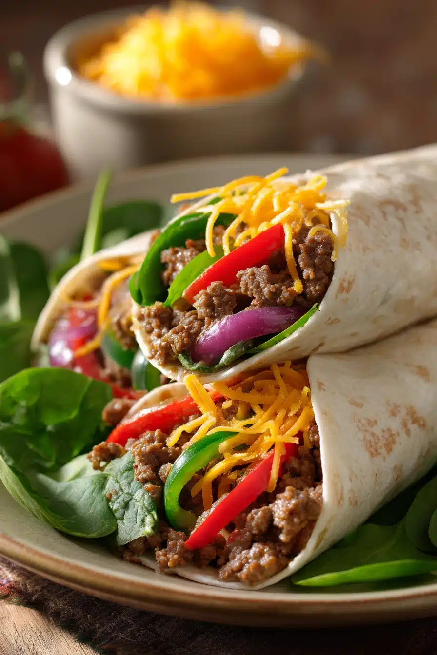 Close-up of high protein beef wraps with fresh ingredients and a clean background.